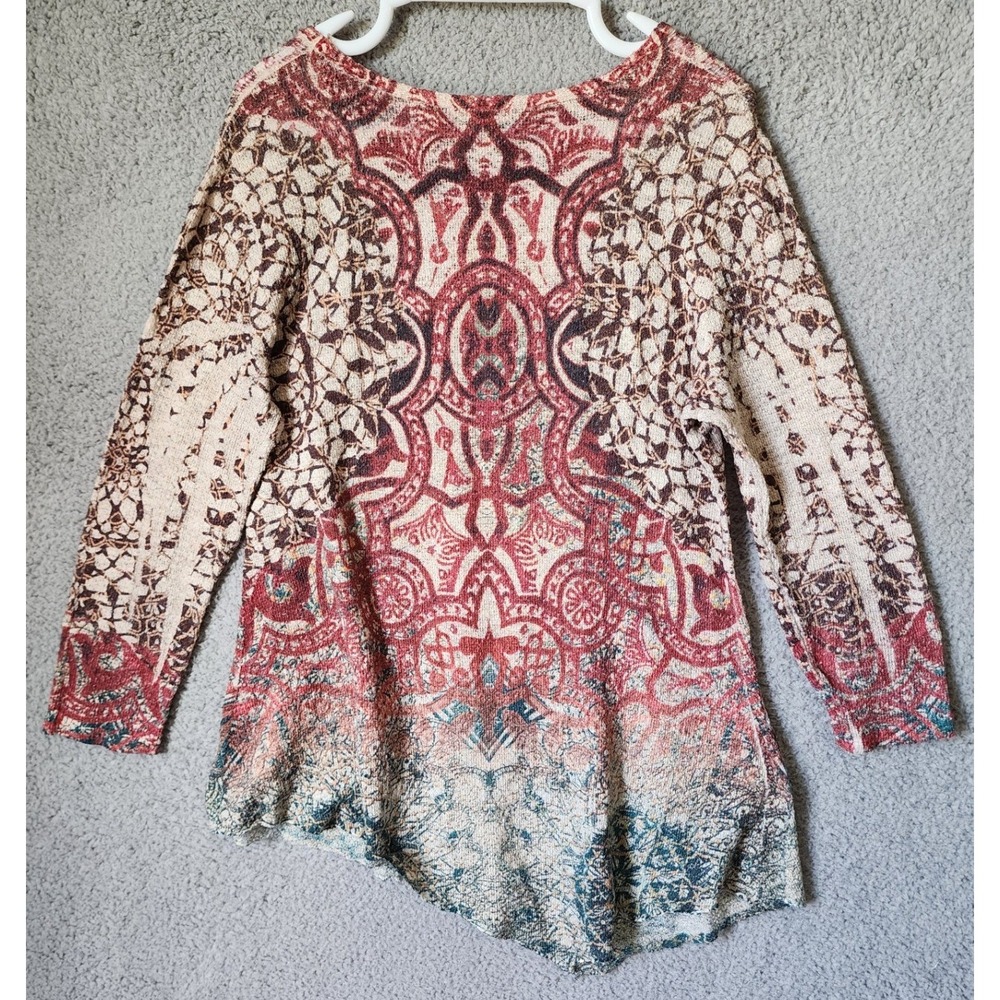 Reba Top Women XL Red Multi Paisley Rhinestone Asymmetrical Hem Long Sleeve - Picture 12 of 13